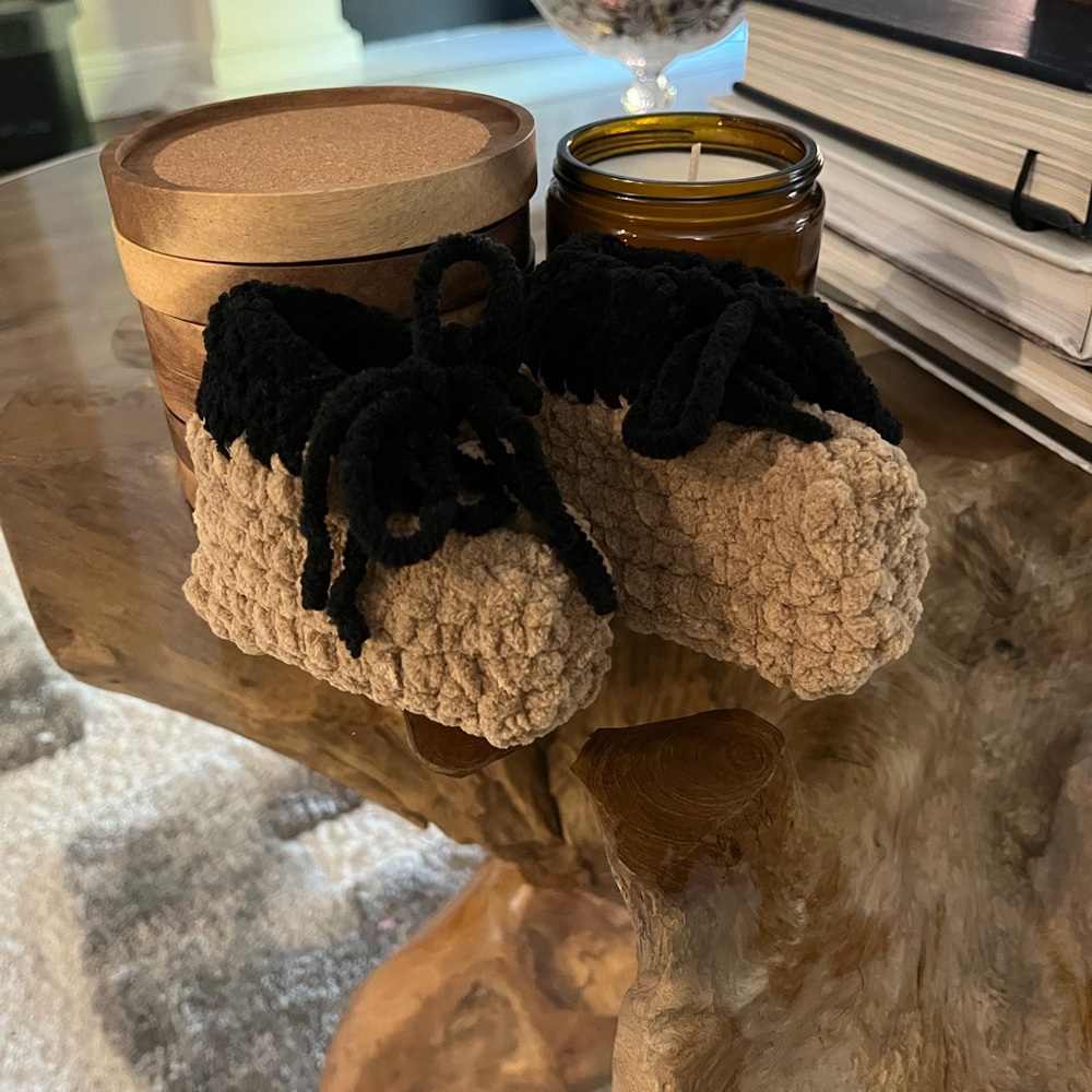 Handcrafted Black and tan handmade crochet Booties NEW and gift box